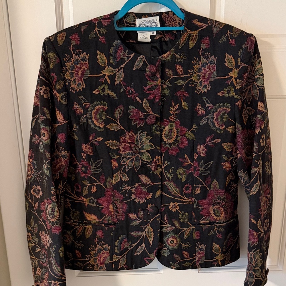 VINTAGE The Villager Black Floral Tapestry Collarless Blazer Size 8